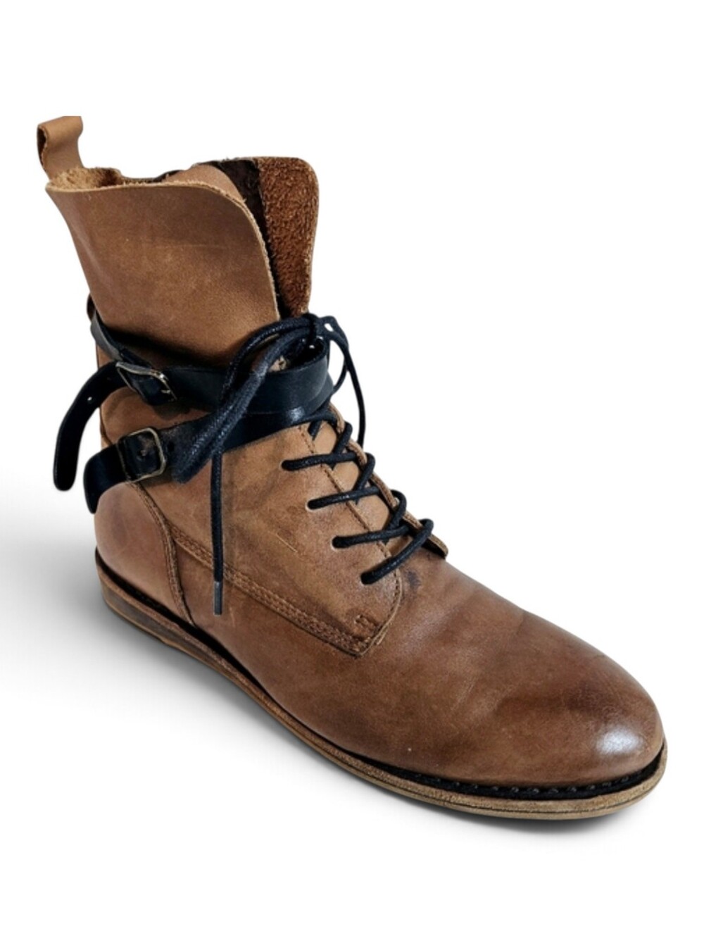Gee'WaWa Casey Leather Lace Up Ankle Boots Women's Size 7 Buckle Cognac Brown